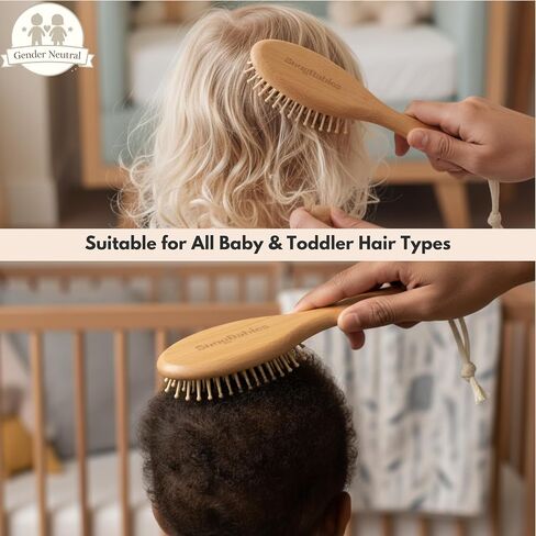 Baby Hair Brush & Comb Set for Newborns - Gentle Goat-Hair & Bamboo Bristle Hairbrushes with Easy Grip Wooden Handles - 5-Pack Baby Brush Set with a Cotton Travel Pouch - Gifts for Boys & Girls in Kuwait