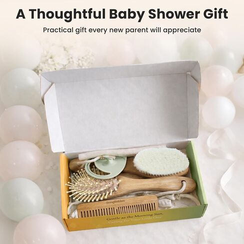 Baby Hair Brush & Comb Set for Newborns - Gentle Goat-Hair & Bamboo Bristle Hairbrushes with Easy Grip Wooden Handles - 5-Pack Baby Brush Set with a Cotton Travel Pouch - Gifts for Boys & Girls in Kuwait
