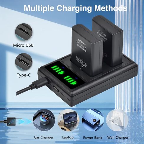 Pickle Power EN-EL14 EN-EL14a Battery 2 Pack and LED Dual Charger for Nikon D5600 D5300 D5600 D5100 D5200 D5500 D3100 D3200 D3300 D3400 D3500 Coolpix P7000 P7100 P7700 P7800 in Kuwait