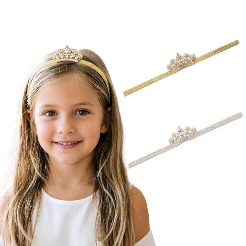 2PCS Baby Girls Crown Headbands Rhinestone Tiara Elastic Hair Accessories For Infants Newborn Toddler Kids Photo Props Gifts in Saudi Arabia