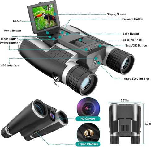 ZZSTAR 2 in 1 Digital Binoculars with Camera, Large View, 2" LCD Display & Recording, Binoculars for Adults High Powered, Low Light Night Vision Binoculars for Bird Watching/Hunting/Sporting/Travel in Kuwait