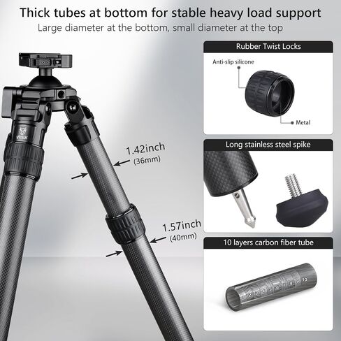 Carbon Fiber Hunting Tripod, 71" Inverted Shooting Tripod with 52mm Lever Ball Head, 66lbs Load Capacity, 2-Section Thick Bottom Leg Tube, for Hunting Shooting Camera Telescope-MK402R in Kuwait