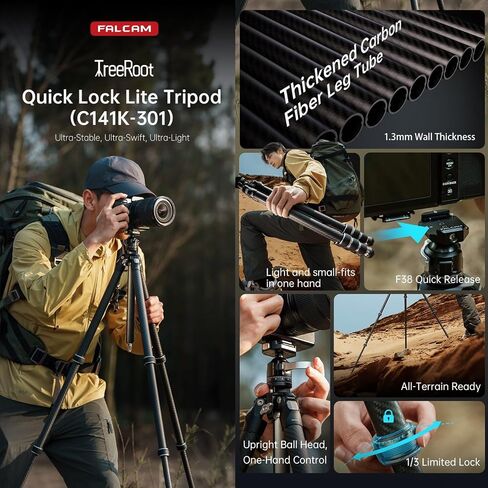 FALCAM TreeRoot F38 Quick Lock Lite Carbon Fiber Tripod with Ball Head | Travel Tripod Load Capacity 3kg/6.6lbs, Max Vertical Payload 40Kg/88lbs for Cameras (C141K-301) in Kuwait