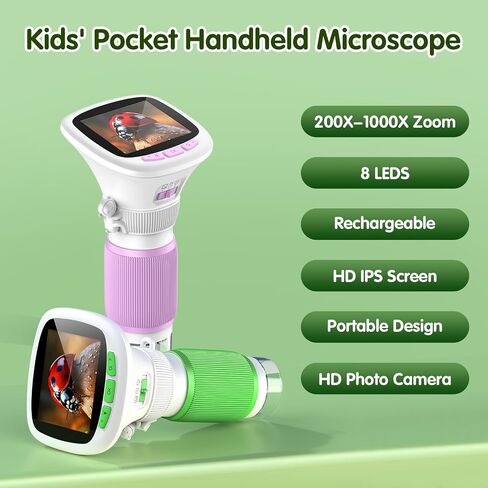 Microscope for Kids, EDCREATY 200X-1000X Portable Pocket Handheld Microscope, 2.4 High-Definition Screen, 200W Pixels for Birthday Christmas Holiday Toys Gifts for 5 6 7 8 9 10 11 12 Kids in Kuwait