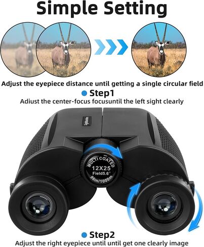 Binoculars for Adults and Kids, 12x25 HD Compact Binoculars for Bird Watching, Large Eyepiece with Low Light Vision, Easy Focus for Travel, Concerts, Hunting, Sports Games and Outdoor in Kuwait
