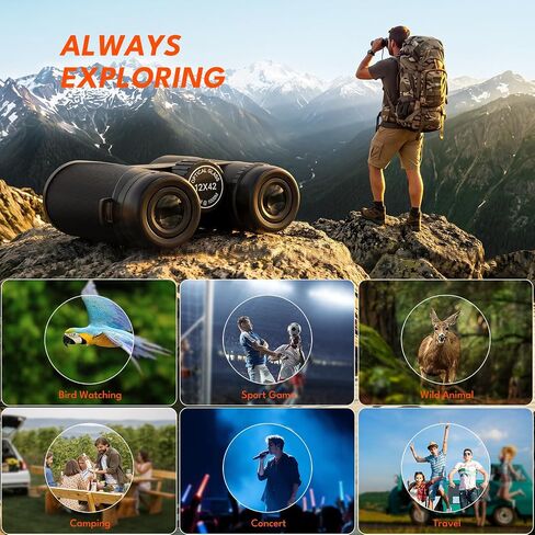 12x42 HD Binoculars for Adults & Kids High Powered Compact Binoculars with Low Light Night Vision for Bird Watching, Hunting, Cruise Travel, Camping, Hiking and Outdoor Sports, Gifts for Men in Kuwait