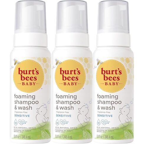 Burt's Bees Baby Sensitive Foaming Shampoo and Wash, Fragrance Free, Tear Free, Pediatrician Tested, 97.5% Natural Origin, 8.4 Fluid Ounces, Pack of 3 in Kuwait