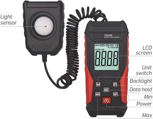 TA630A TA630B 0.1-200000Lux/0.01-20000FC Digital Illuminance Lux Meter LCD | Wide-range sensor measures illuminance in Lux or FC with clear display, data hold and portable operation(TA630B) in Kuwait