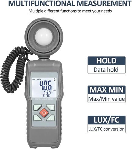 360° Digital Illuminance Lux Meter Temperature Display | Wide-range sensor measures illuminance in Lux or FC with clear display, data hold and portable operation in Kuwait