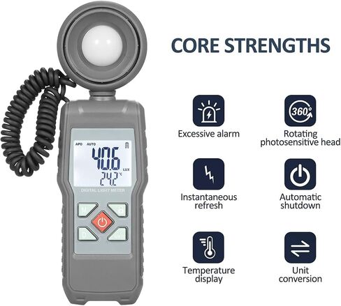 360° Digital Illuminance Lux Meter Temperature Display | Wide-range sensor measures illuminance in Lux or FC with clear display, data hold and portable operation in Kuwait