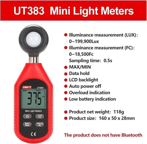 UT383 UT383BT Digital Illuminance Lux Meter Display High Precision | Wide-range sensor measures illuminance in Lux or FC with clear display, data hold and portable operation(UT383) in Kuwait