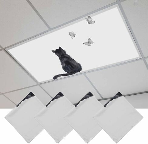 Fluorescent Light Covers, Funny Black Cat Magnetic Light Covers for Ceiling Lights, Vintage Simple Cats Grey Butterfly Animals Fluorescent Ceiling Shade for Classroom Bedroom Office 4x2Ft x 4PCS in Kuwait