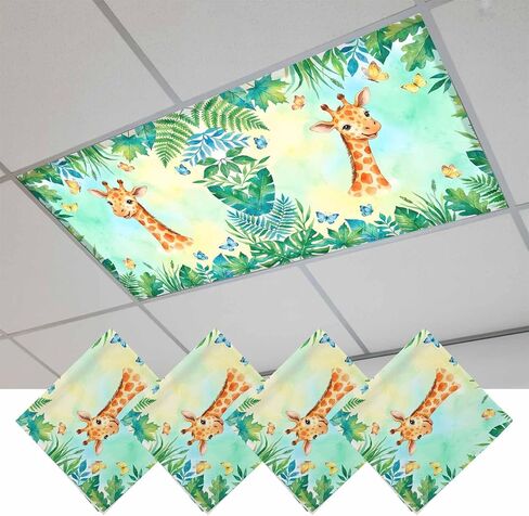 Fluorescent Light Covers for Ceiling Lights Classroom, Cartoon Giraffes Botanical 4x2Ft Led Magnetic Light Fixture Cover for Office,Bathroom,Kitchen, 4 Pack, Summer Watercolor Leaves Butterflies in Kuwait
