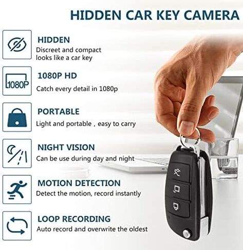 Hidden Car Key Camera, Mini Spy Camera, Discreet Nanny Cam 1080P HD | Motion Detection, Night Vision, Loop Recording, Portable, Security Camera for Home, Office, Car, Travel, Daily Use, No Audio in Kuwait