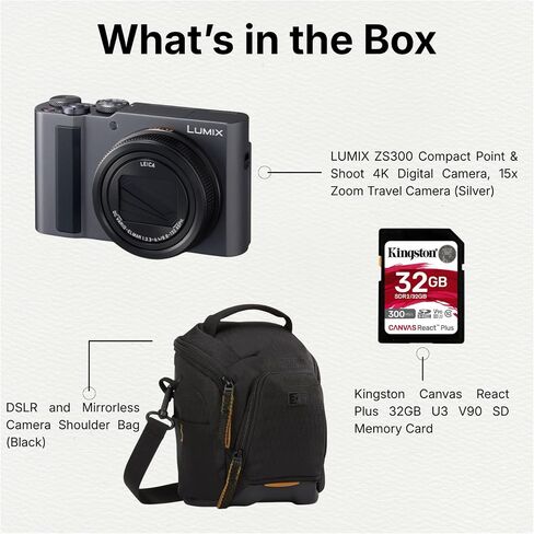 Lumix ZS300 Compact Point and Shoot 4K Digital Camera (Silver, 3 Items) | 20.1MP 1-Inch Sensor, 15x Leica Zoom, 4K Video, Includes Memory Card and Protective Case in Kuwait