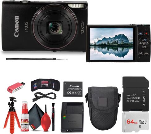 Canon PowerShot IXUS 285 HS A Digital Camera 12x & Tripod (Black) Bundle | For Photography & Video | 12x Optical Zoom + 64GB Memory Card + Cleaning Kit + Case + More in Kuwait