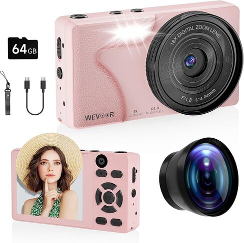 64MP 4K Vlogging Camera, 64GB Fast Autofocus Digital Camera with Dual Cam, Wide Lens, 2000mAh Battery and 18X Digital Zoom - Ideal for YouTube, Tiktok, Travel, Beginners Video Recording Creation in Kuwait