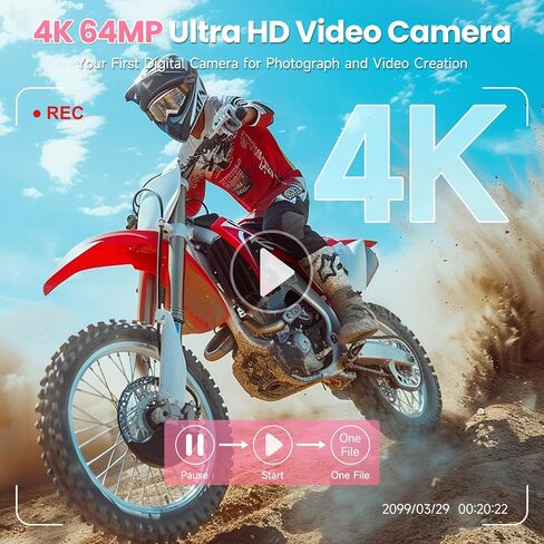 64MP 4K Vlogging Camera, 64GB Fast Autofocus Digital Camera with Dual Cam, Wide Lens, 2000mAh Battery and 18X Digital Zoom - Ideal for YouTube, Tiktok, Travel, Beginners Video Recording Creation in Kuwait