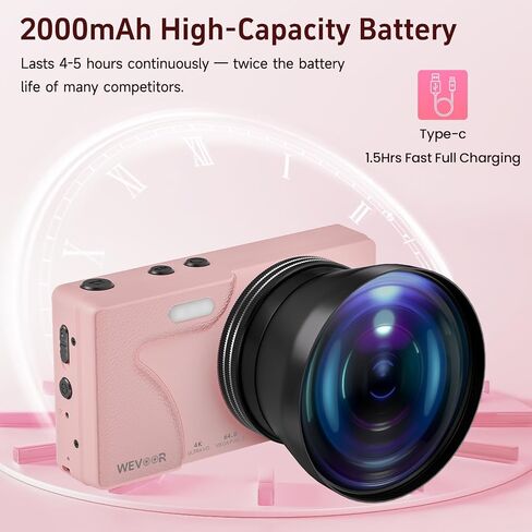 64MP 4K Vlogging Camera, 64GB Fast Autofocus Digital Camera with Dual Cam, Wide Lens, 2000mAh Battery and 18X Digital Zoom - Ideal for YouTube, Tiktok, Travel, Beginners Video Recording Creation in Kuwait