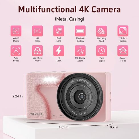 64MP 4K Vlogging Camera, 64GB Fast Autofocus Digital Camera with Dual Cam, Wide Lens, 2000mAh Battery and 18X Digital Zoom - Ideal for YouTube, Tiktok, Travel, Beginners Video Recording Creation in Kuwait