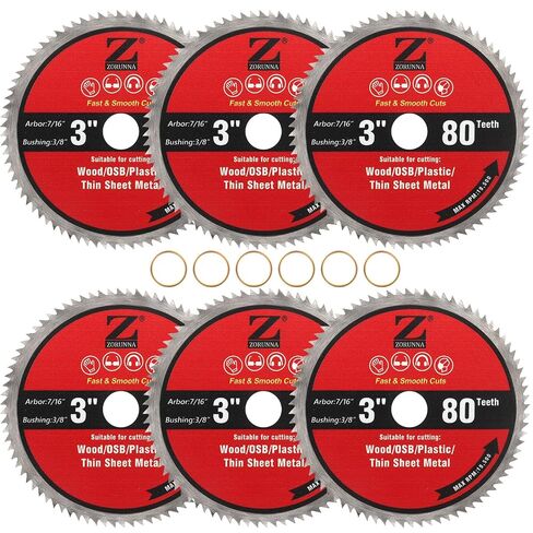 ZORUNNA 6Pcs 3 Inch Circular Saw Blade, 36T Wood Cut Off Wheel | Fast Clean Cutting with Tungsten Carbide Tipped, With 7/16" Arbor and 3/8" Bushing, for Plywood Plastic PVC Aluminum in Kuwait