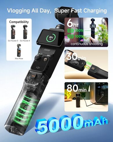 Pocket 3 Battery Handle&Tripod for DJI Osmo Pocket 3 | Xtra Muse Accessories,5000mAh Fast Charger 22.5W Portable Power, 6hr Battery Life (Charging Time:35 min Camera, 80min Self) in Kuwait
