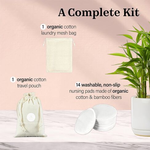 Reusable Non-Slip Nursing Pads, 14 Washable Organic Cotton Breast Pads, Ultra Absorbent & Leakproof, Soft, Thin & Discreet, Comfortable for Sensitive Skin, Postpartum Essential in Kuwait