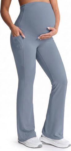 Mama Land Buttery Soft Maternity Flare Leggings | Over The Belly 29"/32"/34" - Workout Yoga Pregnancy Pants with Pockets in Kuwait