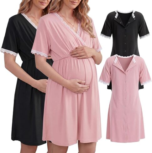 Cutecrop 2 Pack Labor and Delivery Gown for Hospital Maternity Nursing Button Back Gown Short Sleeve Breastfeeding Dress in Kuwait