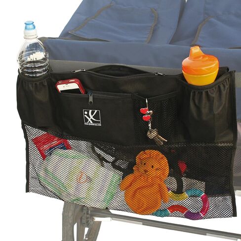 J.L. Childress Double Stroller Organizer with Large Mesh Storage Compartment - Stroller Accessory with Extra-Large Storage Bag - Deep Cup Holders - Multiple Zippered Pockets - Black in Kuwait
