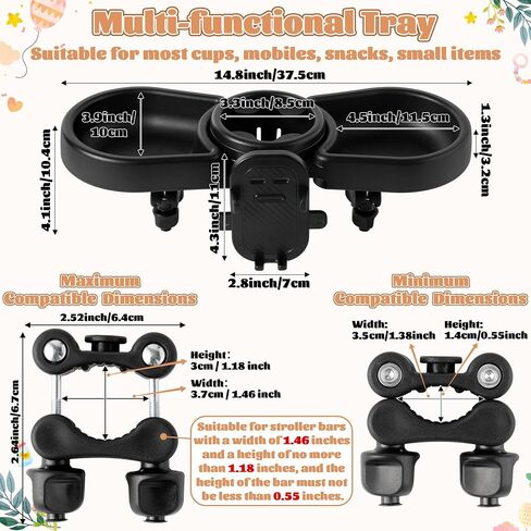 Universal Stroller Snack Tray - 4-in-1 Clip on Strollers Cup and Phone Holder Attachment Accessories, Double Bottle Drink Cupholder Tray for Bike Walker Wheelchair in Kuwait