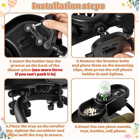 Universal Stroller Snack Tray - 4-in-1 Clip on Strollers Cup and Phone Holder Attachment Accessories, Double Bottle Drink Cupholder Tray for Bike Walker Wheelchair in Kuwait