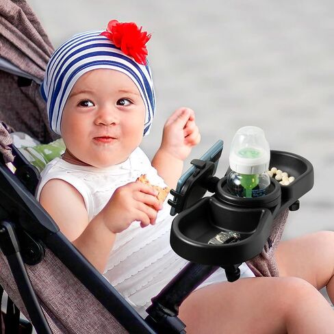 Universal Stroller Snack Tray - 4-in-1 Clip on Strollers Cup and Phone Holder Attachment Accessories, Double Bottle Drink Cupholder Tray for Bike Walker Wheelchair in Kuwait