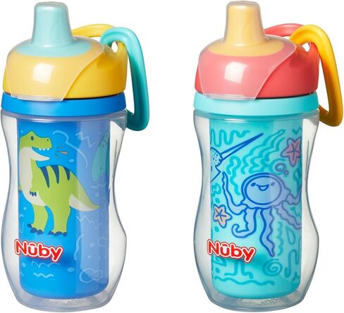 Nuby Active Sipper Insulated Toddler Cup with No-Spill Vari-Flo Valve - (2 Pack) 9 oz - Easy Grip Design with Carabiner Clip - 18+ Months - Boy in Kuwait