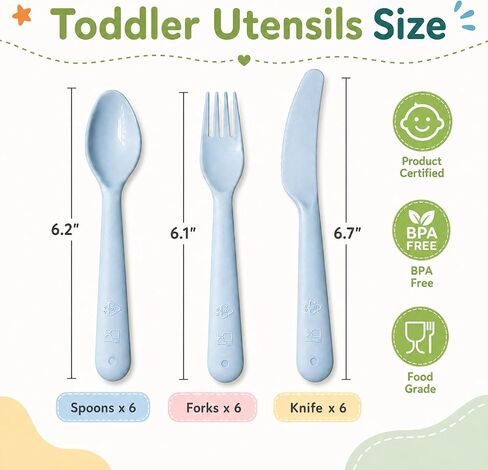 Kids Utensils Set, 18-Piece Plastic Forks, Spoons and Knives | BPA-free PP Toddler Silverware, 6 Place Settings, Smooth Edges, Easy-grip Handles, Reusable for School Lunches and Daycare in Kuwait