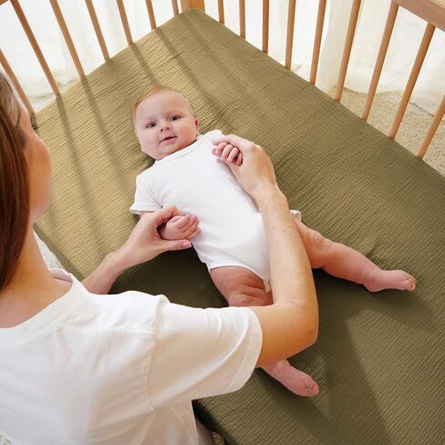 Muslin Crib Sheet 50x27in – 100% Cotton Baby Fitted Sheet for Boys & Girls, Ultra Soft & Breathable, Snug Fit with 360° Elastic, Fits Crib Mattress Up to 28" x 52" & Toddler Beds (Tan, 50x27in) in Kuwait