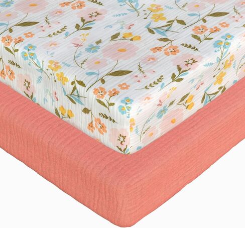 Muslin Cotton Crib Sheets for Girls, 2 Pack 52"x28" Fitted Baby Crib Sheet for Girl, Soft & Breathable Baby and Toddler Bed Sheets, Mattress Cover Muslin Cribs Sheet Set Nursery Gift Pink Floral in Kuwait