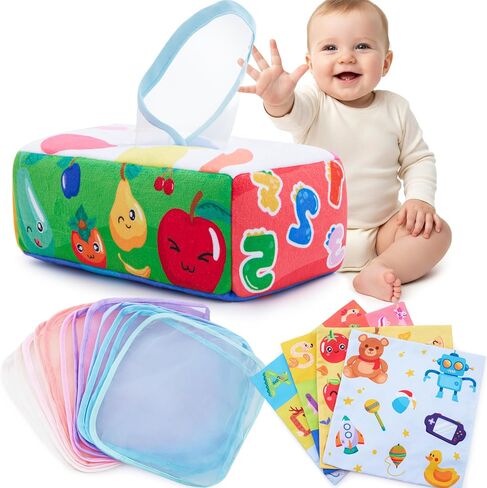 Yeeeasy Baby Tissue Box Toy, Montessori Sensory Toy for Boys&Girls | Soft crinkle tissues and colorful scarves support pulling play, fine motor skills, sensory exploration, and early learning. in Kuwait