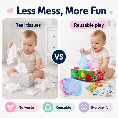 Yeeeasy Baby Tissue Box Toy, Montessori Sensory Toy for Boys&Girls | Soft crinkle tissues and colorful scarves support pulling play, fine motor skills, sensory exploration, and early learning. in Kuwait