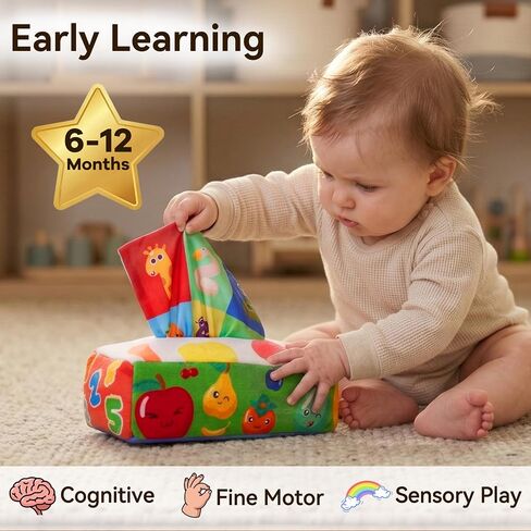 Yeeeasy Baby Tissue Box Toy, Montessori Sensory Toy for Boys&Girls | Soft crinkle tissues and colorful scarves support pulling play, fine motor skills, sensory exploration, and early learning. in Kuwait