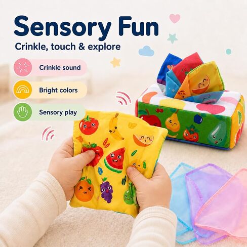 Yeeeasy Baby Tissue Box Toy, Montessori Sensory Toy for Boys&Girls | Soft crinkle tissues and colorful scarves support pulling play, fine motor skills, sensory exploration, and early learning. in Kuwait