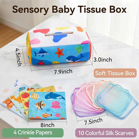 Yeeeasy Baby Tissue Box Toy, Montessori Sensory Toy for Boys&Girls | Soft crinkle tissues and colorful scarves support pulling play, fine motor skills, sensory exploration, and early learning. in Kuwait