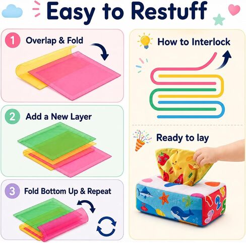 Yeeeasy Baby Tissue Box Toy, Montessori Sensory Toy for Boys&Girls | Soft crinkle tissues and colorful scarves support pulling play, fine motor skills, sensory exploration, and early learning. in Kuwait