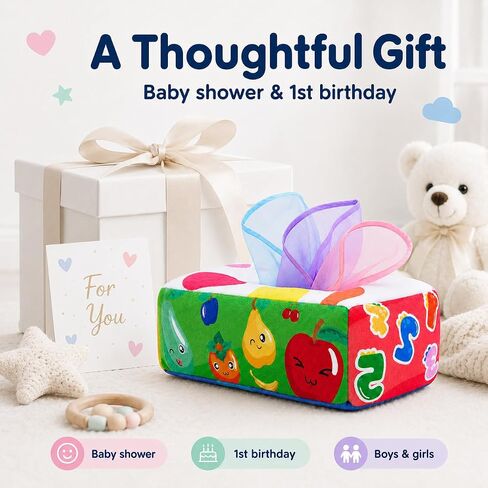 Yeeeasy Baby Tissue Box Toy, Montessori Sensory Toy for Boys&Girls | Soft crinkle tissues and colorful scarves support pulling play, fine motor skills, sensory exploration, and early learning. in Kuwait