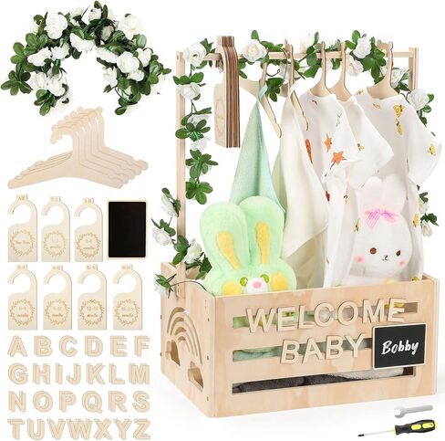 Wooden Baby Shower Crate Closet With Hangers, Letters, Dividers - Easy Assembly Basket for Newborn Boys Girls - Pregnancy Gifts for New Parents in Kuwait