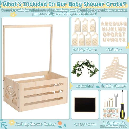 Wooden Baby Shower Crate Closet With Hangers, Letters, Dividers - Easy Assembly Basket for Newborn Boys Girls - Pregnancy Gifts for New Parents in Kuwait