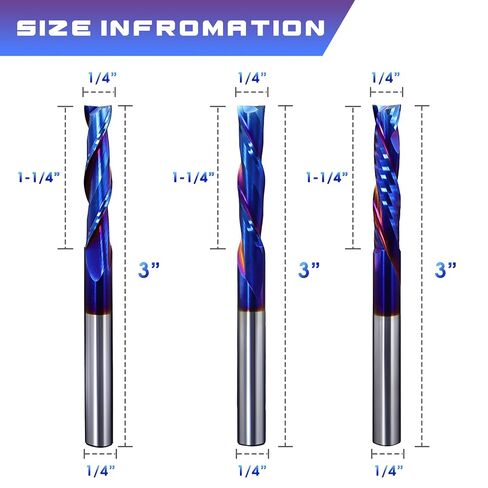 3pcs Spiral Router Bits Set 1/4" Shank 2 Flute Upcut Downcut Compression Bit Solid Carbide CNC Router Bits with Nano Blue Coating End Mill for Wood Cut, Carving, Edge Trimming in Saudi Arabia