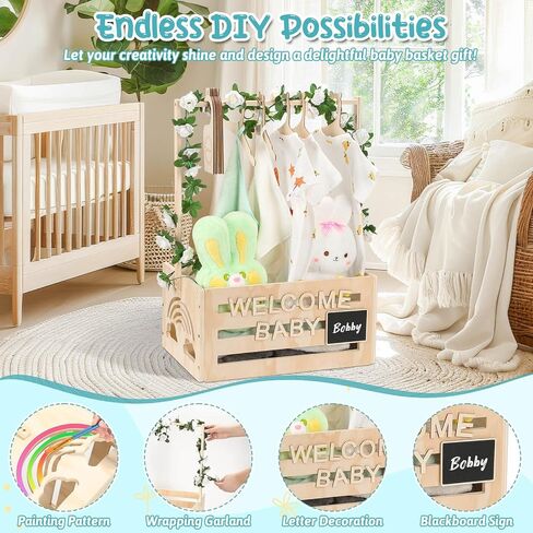 Wooden Baby Shower Crate Closet With Hangers, Letters, Dividers - Easy Assembly Basket for Newborn Boys Girls - Pregnancy Gifts for New Parents in Kuwait