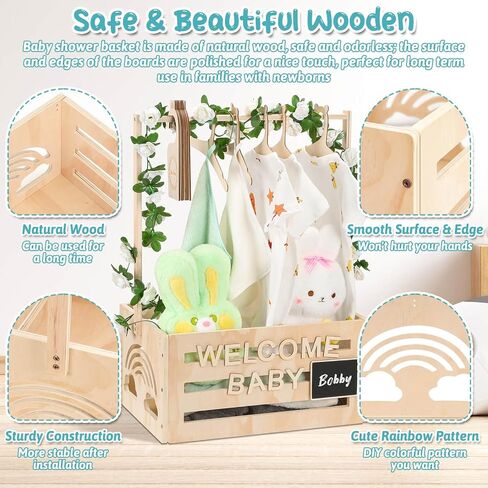 Wooden Baby Shower Crate Closet With Hangers, Letters, Dividers - Easy Assembly Basket for Newborn Boys Girls - Pregnancy Gifts for New Parents in Kuwait