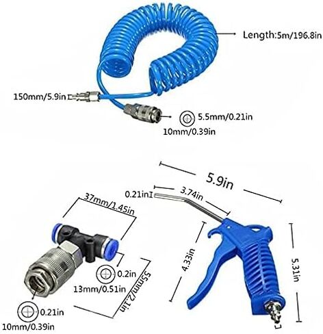 Air Blow Gun Kit Air Duster Cleaning Nozzle Blow Spray Tool Kit with 5 Meter Long Coil PU Air Hose,4×6mm(Blue) in Kuwait